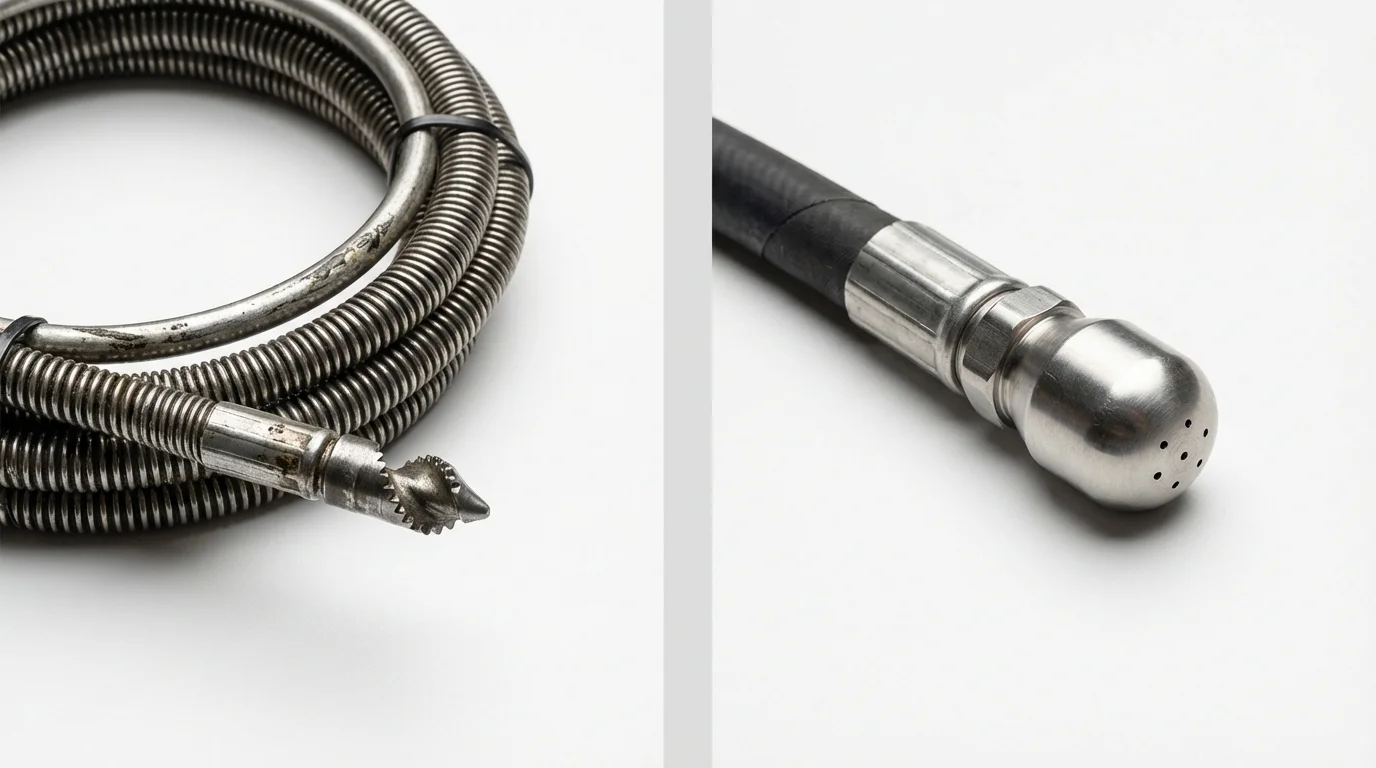 Drain snake cable and hydro jetting nozzle used for drain cleaning in White House, TN
