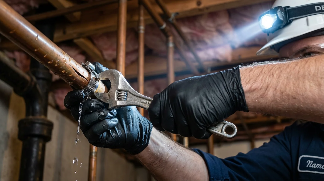 Emergency pipe clamp repair being performed by a Johns Plumbing LLC plumber in White House