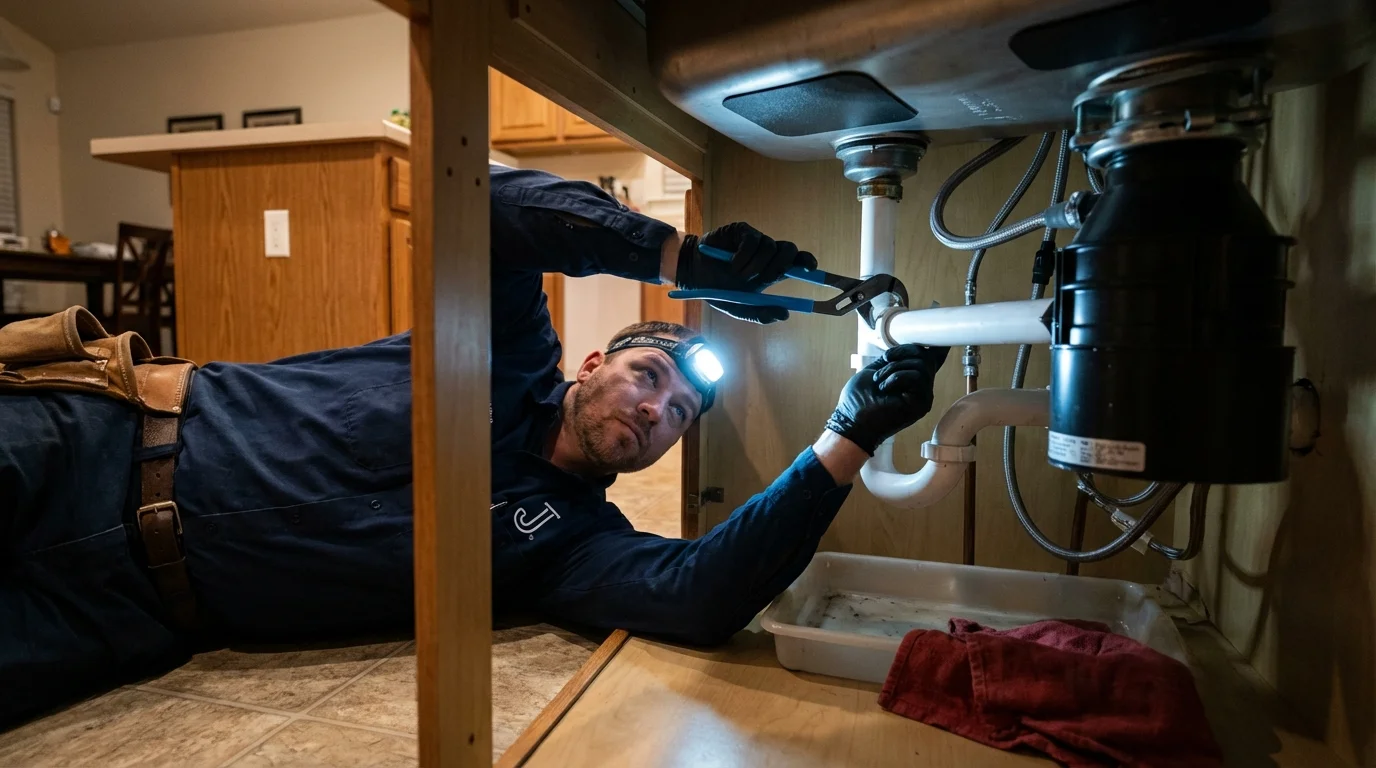P-trap and supply line connections under a kitchen sink showing a common leak point in White House, TN
